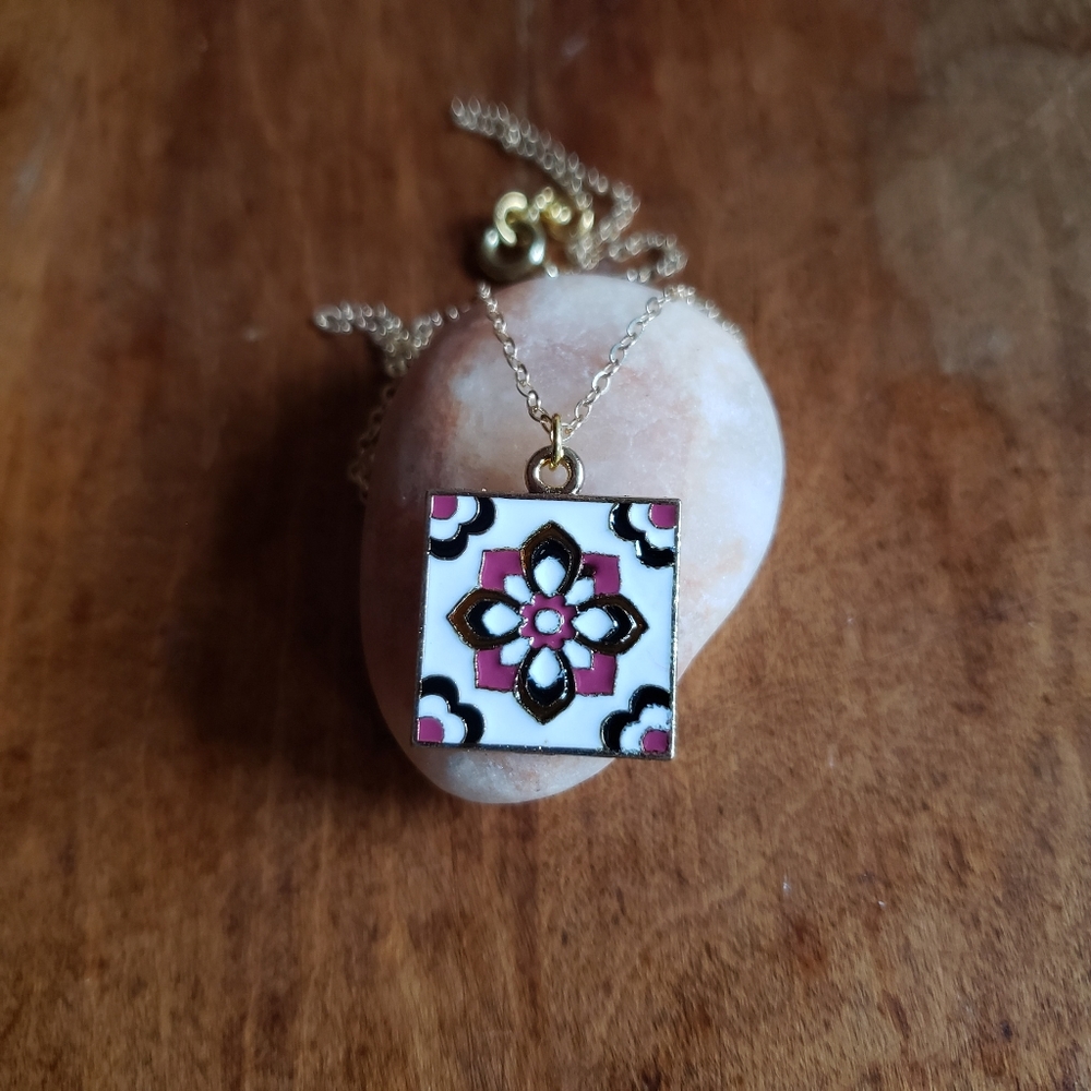Handmade Boho Square Floral Charm Rose Gold Necklace